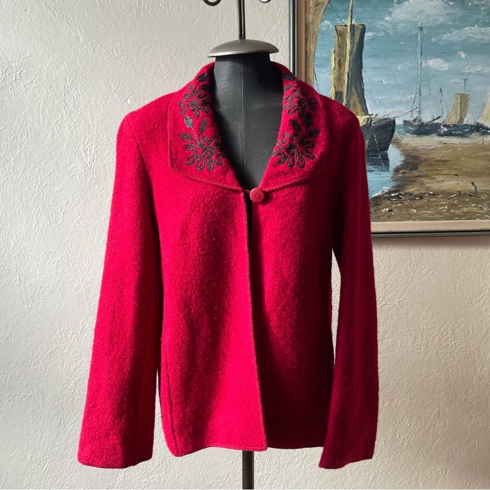 Red embroidered wool one-button 100% wool cardigan in size medium